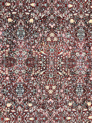 Pak Persian Rug 11x15, Wool & Silk Highlights Hand Knotted Vintage Carpet, Red Cream, Floral Allover, Oversized Kirman Rug