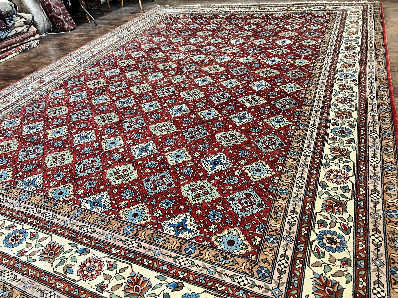 Large Turkish Rug 11x16, Allover Pattern, Red Multicolor, Hand Knotted Handmade Wool Vintage Oriental Carpet, Palace Sized, Extra Large