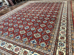 Large Turkish Rug 11x16, Allover Pattern, Red Multicolor, Hand Knotted Handmade Wool Vintage Oriental Carpet, Palace Sized, Extra Large