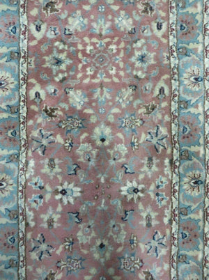 Indo Persian Runner Rug 2.8 x 12, Wool Hand Knotted, Pink and Light Blue