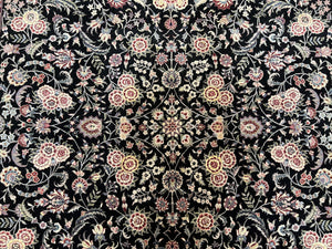 Pak Persian Rug 9x12, Floral Allover, Hand Knotted Oriental Carpet 9 x 12 ft, Black and Cream, Detailed, Wool with Silk Highlights, Vintage