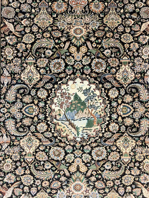 Pak Persian Rug 4x6, Wool Hand Knotted Vintage Carpet, Black & Olive Green, Bird Pictorials, Floral Fine Oriental Rug