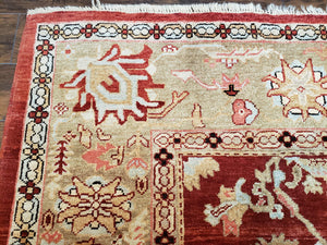 Peshawar Rug 9.5 x 10.8, Almost Square Size, Red and Beige Chobi Sultanabad Rug, Shah Abbas Flowers, Wool Handmade, Vintage Oriental Carpet