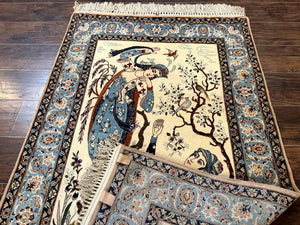 Persian Isfahan Pictorial Rug, Two Lovers, Kork Wool on Silk Foundation, Ivory and Light Blue, 500 KPSI Super Fine
