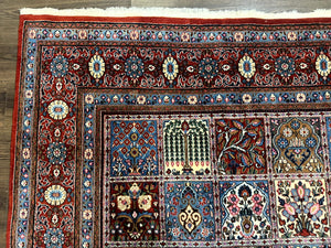 Wonderful Persian Qum Rug 10x13, Panel Design, Fine 260 KPSI, Signed, Red Multicolor