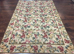 Floral Needlepoint Rug 6x9, Fruits Grapes Allover Floral Design, Beige/Cream Colorful Wool Vintage Needlepoint Carpet, Needlepoint Area Rug