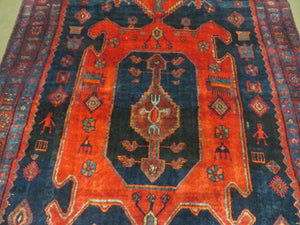 4' 6" X 8' 2" Antique Handmade India Tribal Geometric Wool Rug Red Blue # 129