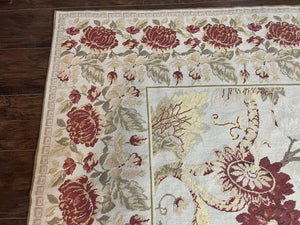 Extra Large Needlepoint Rug 14 x 20, Vintage Handwoven Handmade Wool Flatweave Carpet, Allover Floral Pattern, Elegant European Deisgn Rug