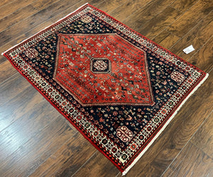 Persian Tribal Rug 3.6 x 5 ft, Persian Abadeh Rug, Geometric Medallion Bird Motifs, Red and Navy Blue Hand Knotted Handmade Wool Vintage Oriental Carpet