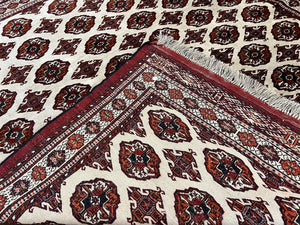 Persian Turkoman Rug 7x8, Almost Square Rare, Hand Knotted, Yamud, Bohemian Rug, Handmade Tribal Rug, Cream Red, Handmade Oriental Carpet
