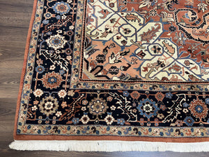 Indo Persian Heriz Rug 9x12, Geometric Medallion, Vintage Oriental Carpet, Handmade Room Sized Wool Heriz Serapi Rug, Red Navy Blue Cream