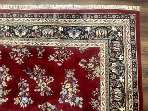 Indo Persian Sarouk Rug 10x14, Large Red and Navy Blue Carpet, Traditional Floral Wool Rug