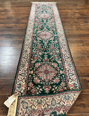 Sino Persian Runner Rug 2.7 x 12, Floral Allover, Dark Green, Vintage HandmadeOriental Carpet for Hallway, 12ft Runner, 200 KPSI