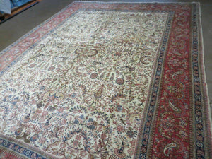 Persian Tabriz Rug 8x10, Bird Motifs Floral, Boteh Paisleys, Cream and Red, Handmade Wool Carpet