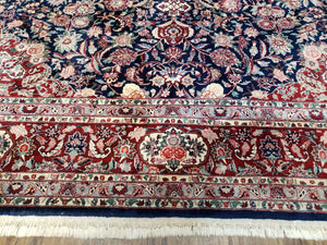 Vintage Dark Blue Persian Room Sized Rug 8x10, Wool & Silk Highlights Hand-Knotted Midnight Blue Red Floral Carpet, 8 x 10 Living Room Rug