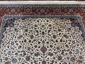 Sino Persian Rug 9x12, Vintage Wool Oriental Carpet, Floral Medallion, Wool Rug, Cream and Maroon