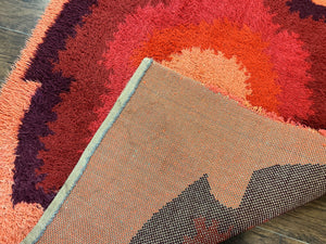 Danish Rya Shag Rug 4x6, Mid Century 1960s Retro Vintage Wool Rug, Shades of Red