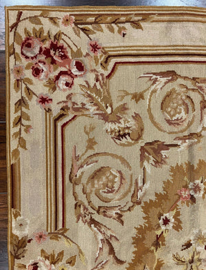Aubusson Needlepoint Rug 4x5 ft, Beige and Tan, Aubusson Savonnerie Vintage Carpet, Handwoven Handmade Wool Rug, European Design Floral Rose