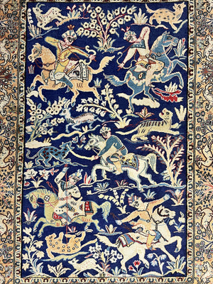 Persian Qum Hunting Design Rug 4x5, Wool Hand Knotted Vintage Oriental Carpet, Navy Blue & Mustard, Horsemen Animal Pictorials, Rare