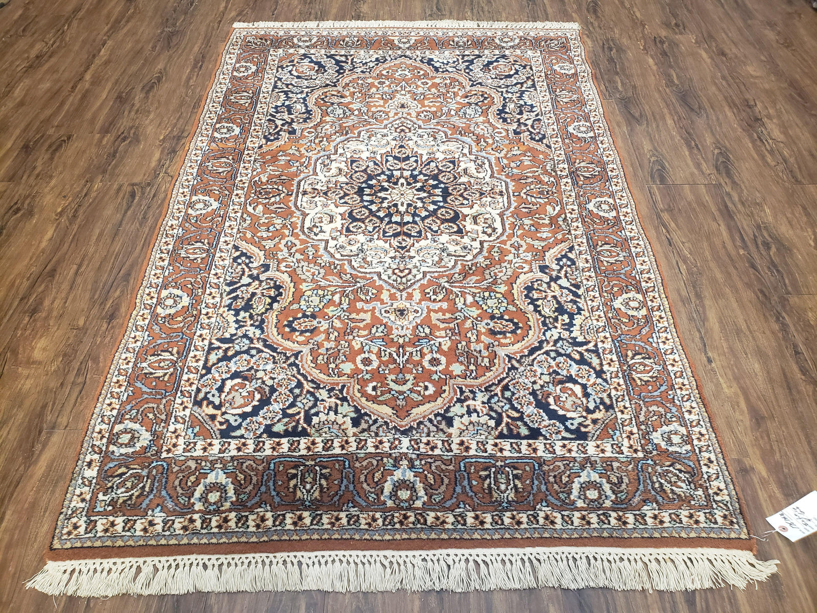Antique Indian Kashmiri Area Rug 4x6, Wool Hand-Knotted Red & Ivory Floral Medallion Persian Carpet, Vintage Oriental Entryway Rug 4 x 6