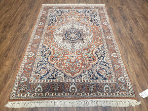 Antique Indian Kashmiri Area Rug 4x6, Wool Hand-Knotted Red & Ivory Floral Medallion Persian Carpet, Vintage Oriental Entryway Rug 4 x 6