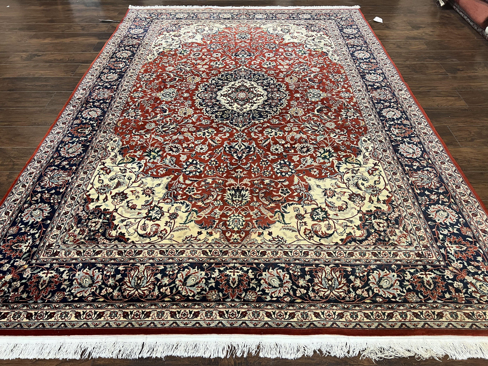 Fine Sino Persian Rug 7x10 ft, Floral Central Medallion Oriental Carpet, Red Navy Blue Cream, Hand Knotted Wool Traditional Vintage Rug