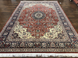 Fine Sino Persian Rug 7x10 ft, Floral Central Medallion Oriental Carpet, Red Navy Blue Cream, Hand Knotted Wool Traditional Vintage Rug