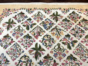Power Loomed Rug 8x11, Ivory and Multicolor Floral Panel Pattern, Flowers, Butterflies, Vintage