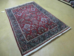 4' X 6' Vintage Handmade Fine India Jaipur Floral Oriental Wool Rug Red Nice