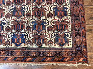 Persian Afshar Rug 4x5, Repeated Motif, Ivory & Burgundy, Wool Tribal Oriental Carpet, Handmade Vintage Semi Antique Medium Sized Rug
