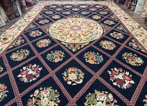 Palace Size Needlepoint Rug 12x20, European French English Aubusson Floral Design, Black and Beige