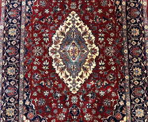 Sino Persian Rug 4x6, Traditional Wool Hand Knotted Carpet, Red Navy Blue, 225 KPSI