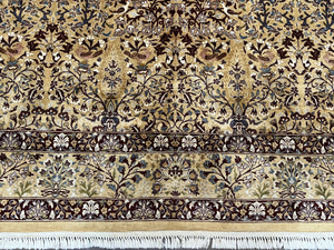 Pretty Indo Persian Rug 6x9, Allover Floral Motif with Birds, Tan/Cream, Very Fine Oriental Carpet, Hand Knotted Vintage Indian Wool Rug