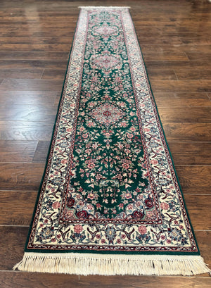 Sino Persian Runner Rug 2.7 x 12, Floral Allover, Dark Green, Vintage HandmadeOriental Carpet for Hallway, 12ft Runner, 200 KPSI