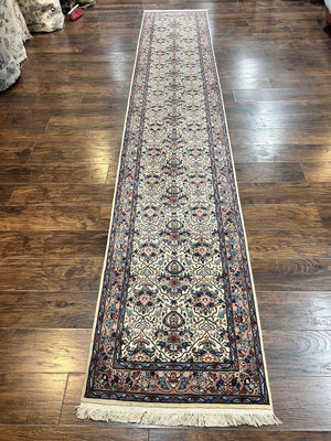 Sino Persian Runner Rug 2.8 x 14, Hand Knotted Vintage Oriental Hallway Rug, 14ft Runner, Cream, Floral, Wool