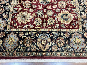 Indo Persian Rug 8x10, Wool Hand Knotted Vintage Carpet, Dark Red, Indian Mahal Rug, Agra Design, 8 x 10 Room Sized Oriental Rug