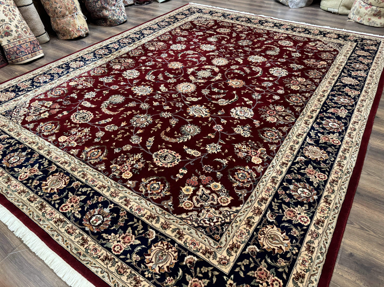 Sino Persian Rug 9x11, Burgundy and Navy Blue, Fine 200 KPSI, Floral Allover