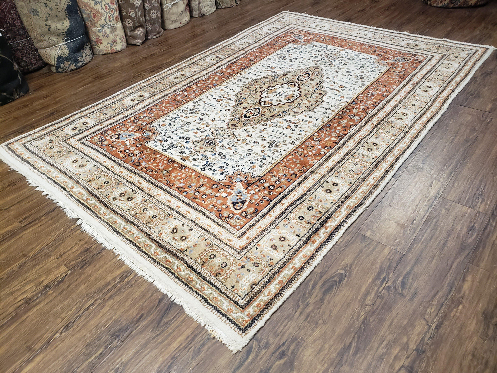 6x9 Vintage Indo-Persian Area Rug, Wool Hand-Knotted Carpet, Ivory & Squash Orange, Floral Medallion Tribal Rug, Indian Carpet, Decorative