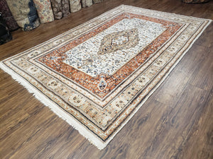 6x9 Vintage Indo-Persian Area Rug, Wool Hand-Knotted Carpet, Ivory & Squash Orange, Floral Medallion Tribal Rug, Indian Carpet, Decorative
