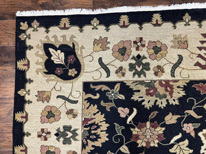 Indo Persian Rug 10x14, Wool Handmade Room Sized Floral Oriental Carpet, Indian Mahal Flatweave Rug, Black Beige