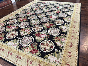 9x12 Black Needlepoint Rug, European Floral Panel Design, Handwoven, Vintage Chinese Needlepoint, Black Green Beige, Wool Rug 9 x 12
