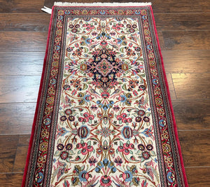 Wonderful Persian Qum Runner Rug 2.8 x 10 ft, Floral Medallions with Bird Motifs, Hand Knotted Wool Fine Oriental 10ft Hallway Runner, Cream Red