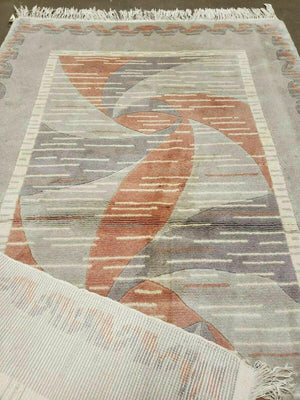 3' X 5' Handmade Modern Chinese Accent Rug - Silk on Cotton Carpet - Abstract Contemporary Design - Beige and Orange