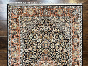 Silk Indian Kashmiri Rug 3x5, Indo Persian Silk on Silk Carpet, Very Fine 350 KPSI, Navy Blue, Handmade, Floral Medallion