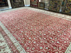 Turkish Oushak Rug 12x18, Wool Hand Knotted Vintage Carpet, Red & Oatmeal, 12 x 18 Palace SIze Handmade Oriental Rug
