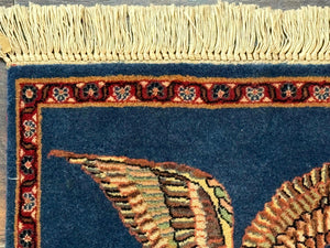 Pictorial Rug of American Flag with Bald Eagle, Small Indo Persian Pictorial Rug, Blue, Handmade, Very Fine 330 KPSI