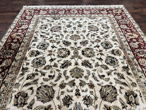 Indo Persian Rug 8x10, Wool Hand Knotted Vintage Carpet, Ivory Maroon, 8 x 10 Traditional Oriental Rug, Floral Allover Rug