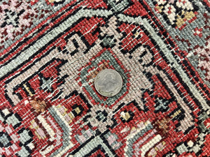 Indo Persian Rug 8x10, Wool Hand Knotted Vintage Carpet, Red & Midnight Blue, Indo Bidjar Oriental Rug, Herati Mahi Pattern, Room Sized Rug