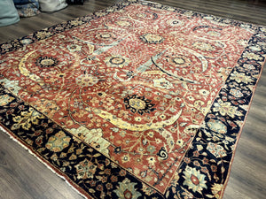 Indian Agra Rug 9x11, Terracotta and Navy Blue, Sickle Leaf Rug