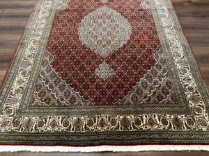 Persian Rug 5x7, Very Fine 330 KPSI, Red and Ivory, Herati Mahi Pattern, Wool & Silk